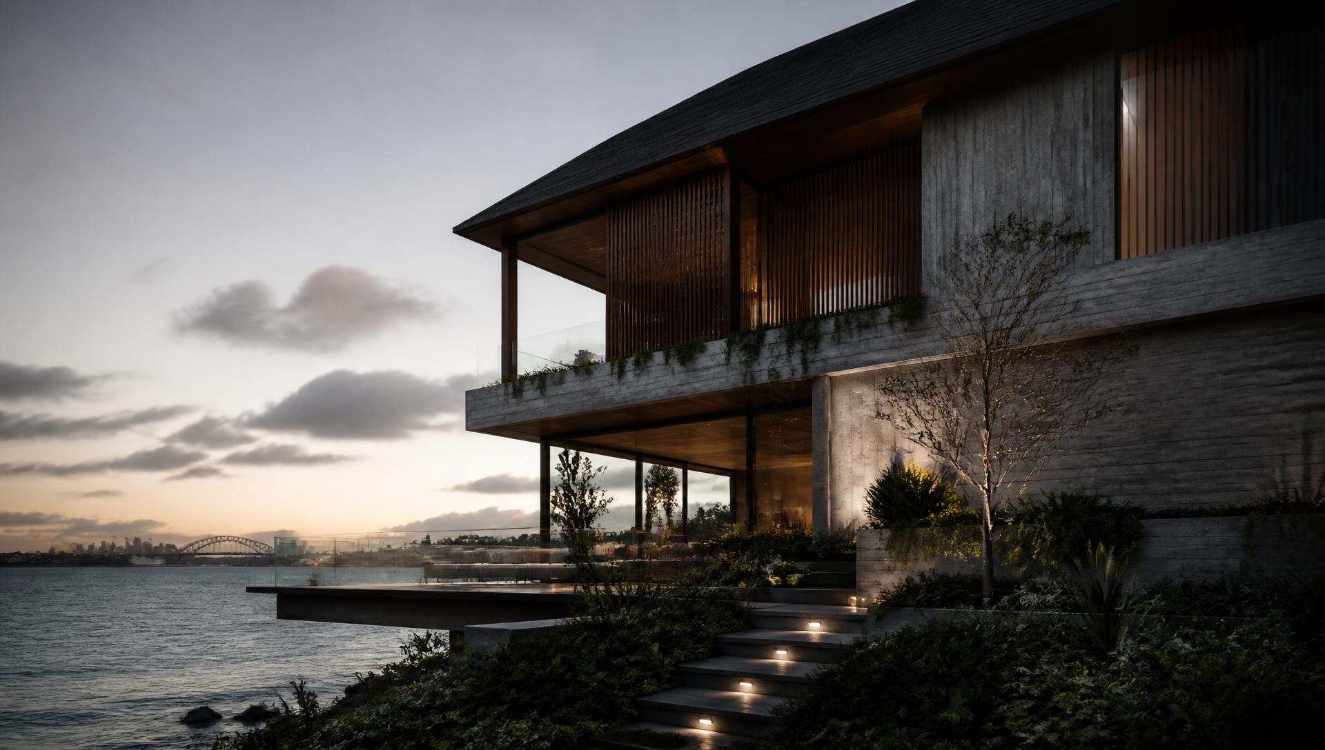 Dusk view of a contemporary Sydney harbourside residence in concrete and timber
