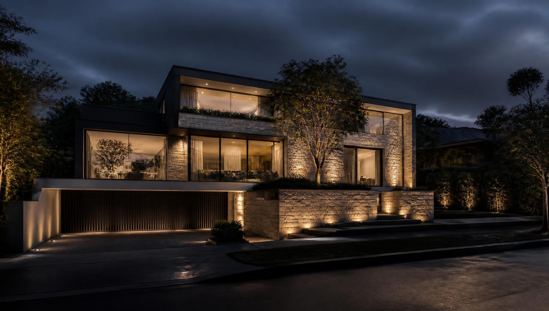 Premium Sydney residence at twilight with warm interior lighting