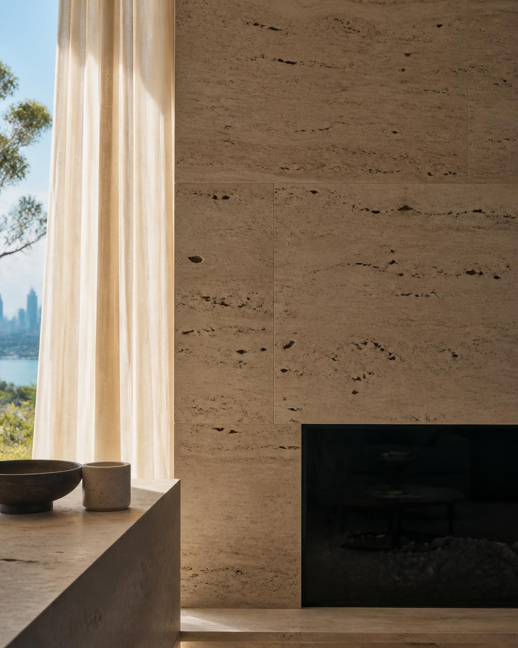 Travertine stone interior detail in a Sydney home with soft natural light