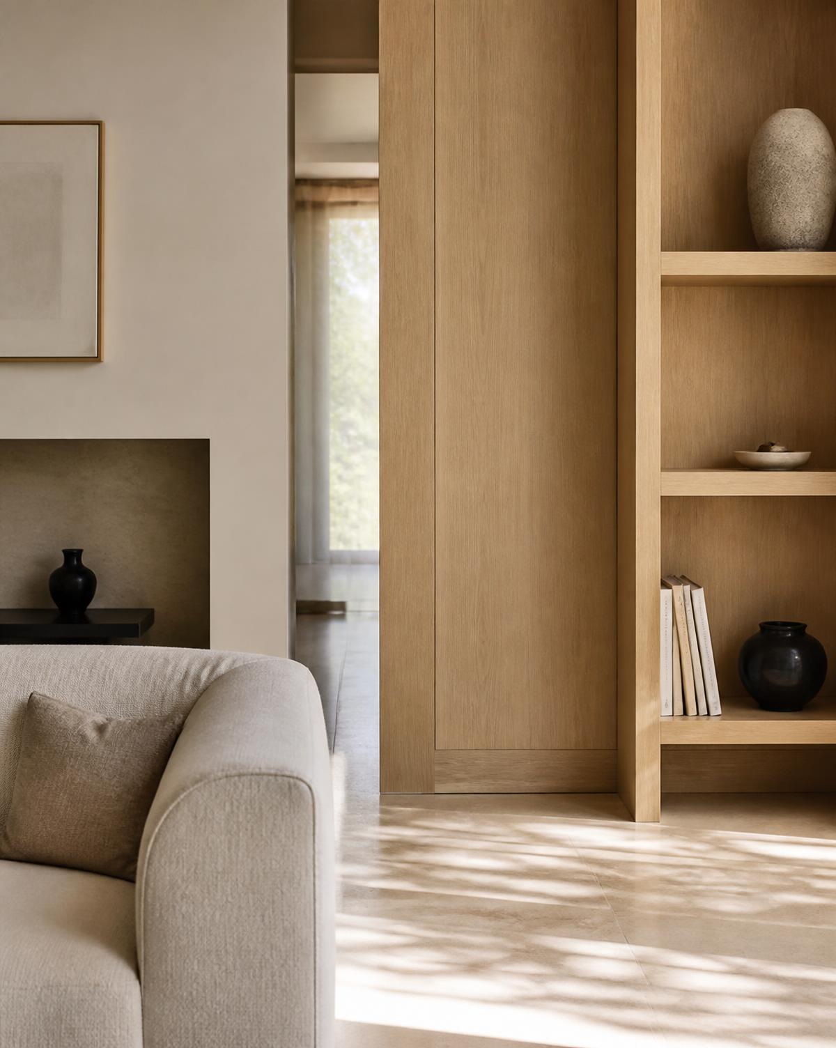Warm residential interior detail with oak joinery, linen seating and soft natural light