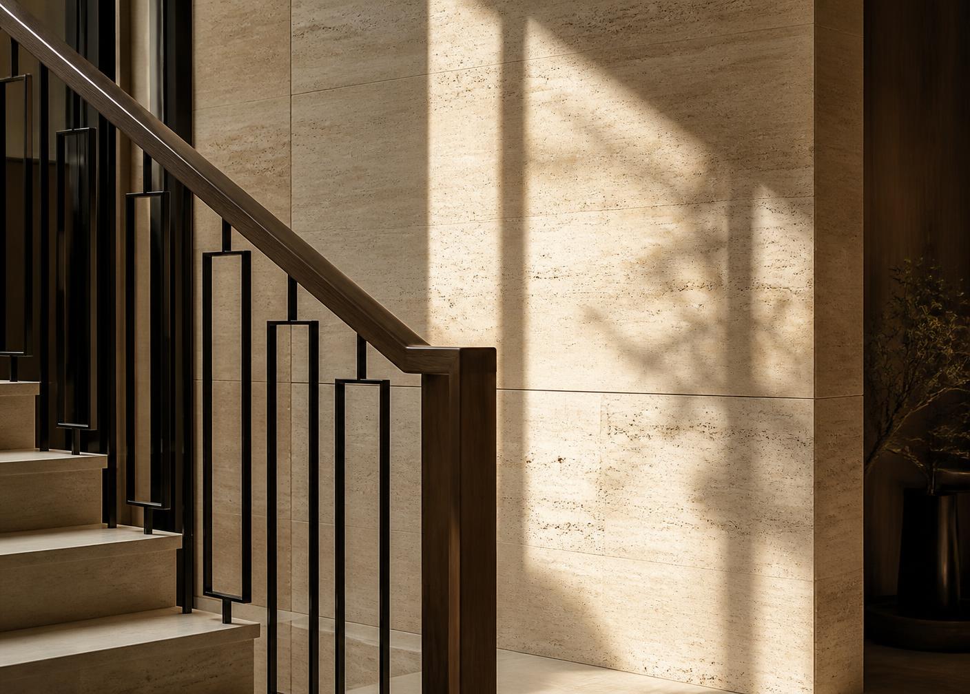 Travertine stairwell in a luxury Sydney home with warm afternoon light