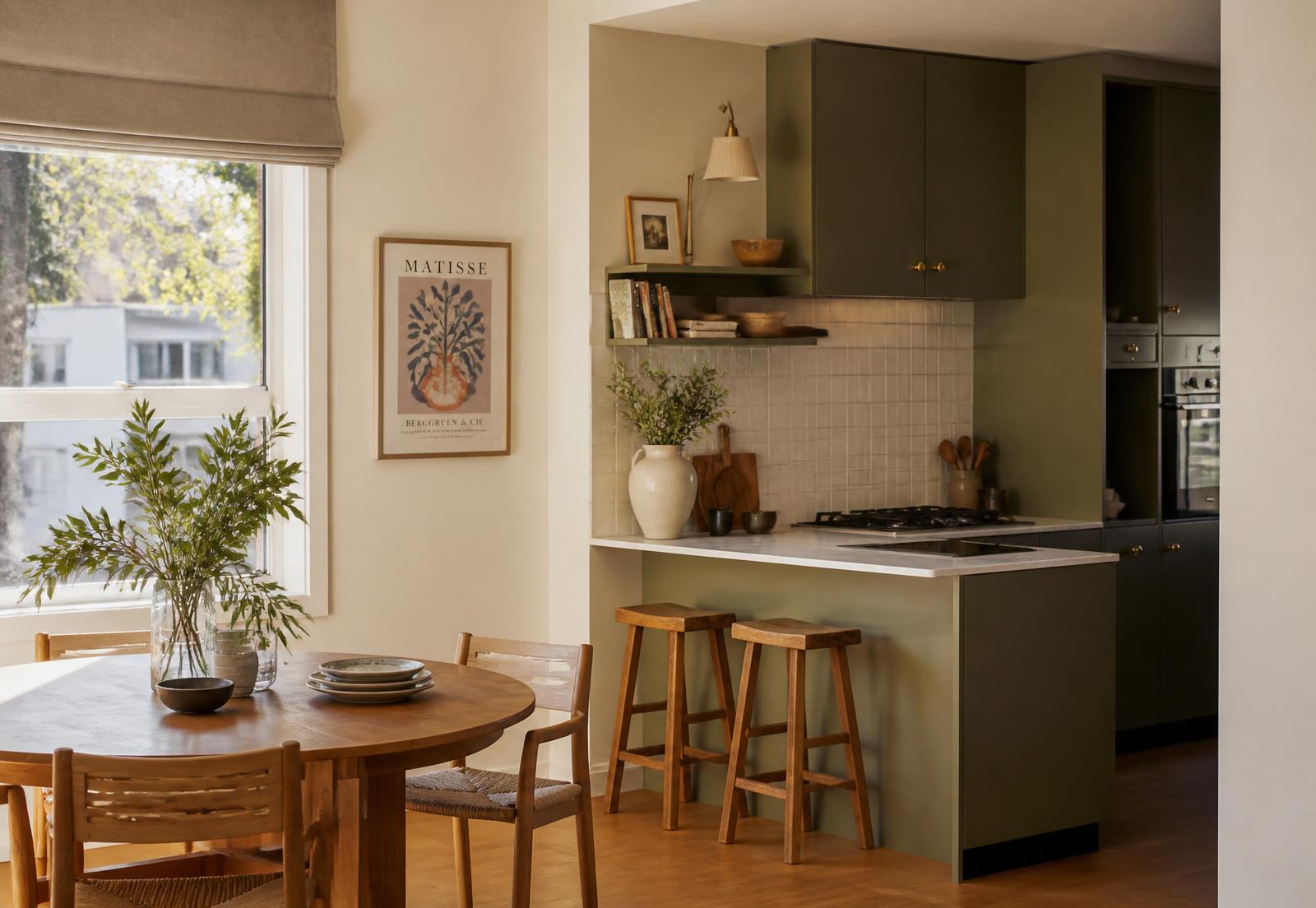 Sunlit kitchen and dining corner of an Australian apartment styled simply for inspection