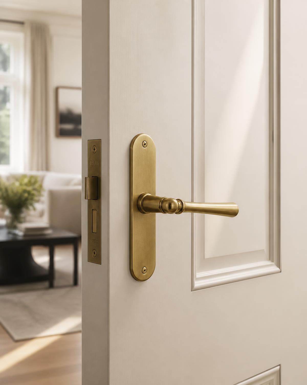 Brass lever handle on a freshly painted interior door, with a sunlit living room beyond