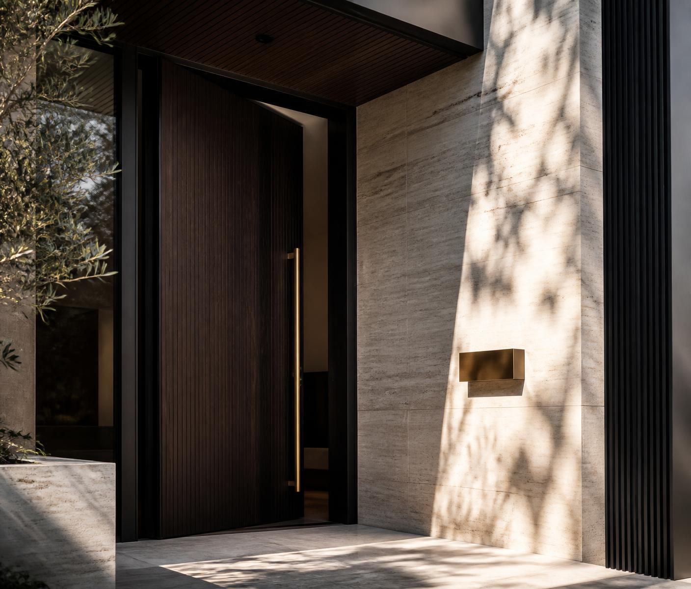 Dark timber pivot entry door and travertine wall of a luxury Sydney residence in afternoon light