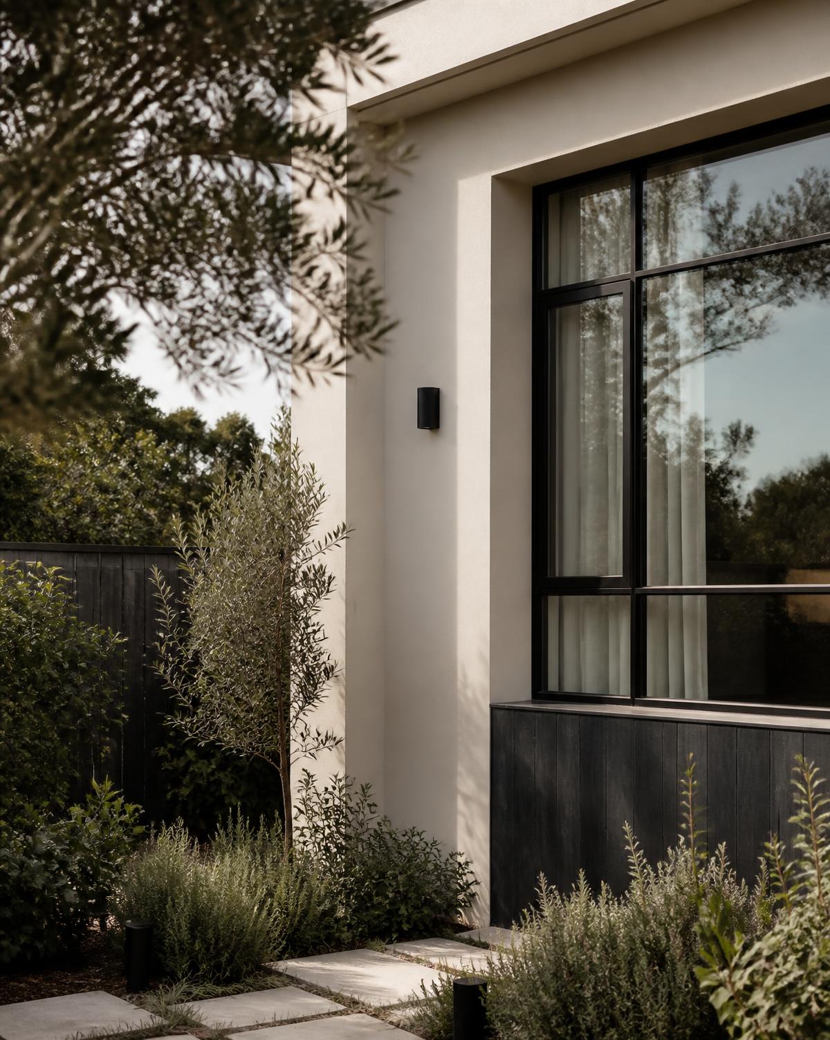 Rendered façade and steel-framed window of a refined Australian home framed by an olive tree