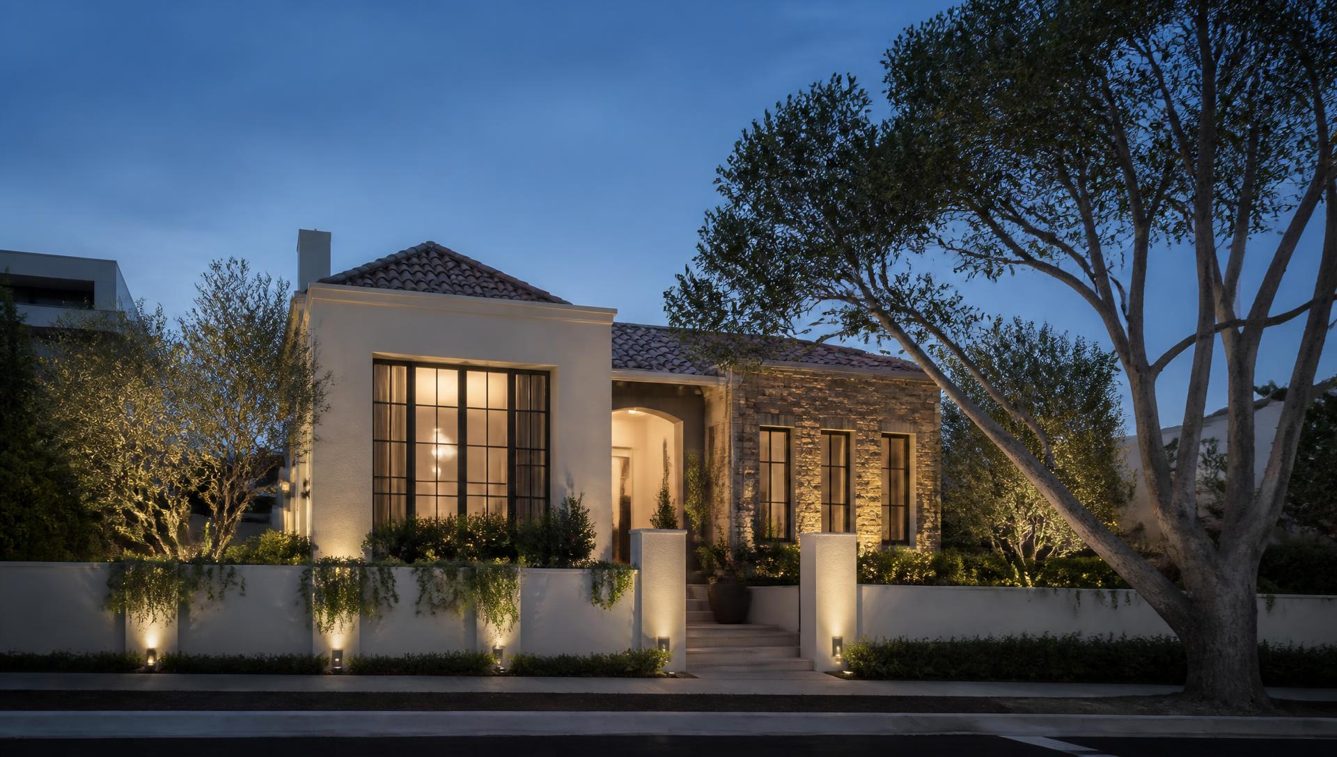 Elegant Australian residence at blue hour with warm light glowing through large windows