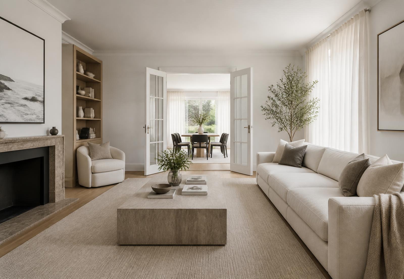 Light-filled living room styled for sale with linen sofa, oak floors and sheer curtains