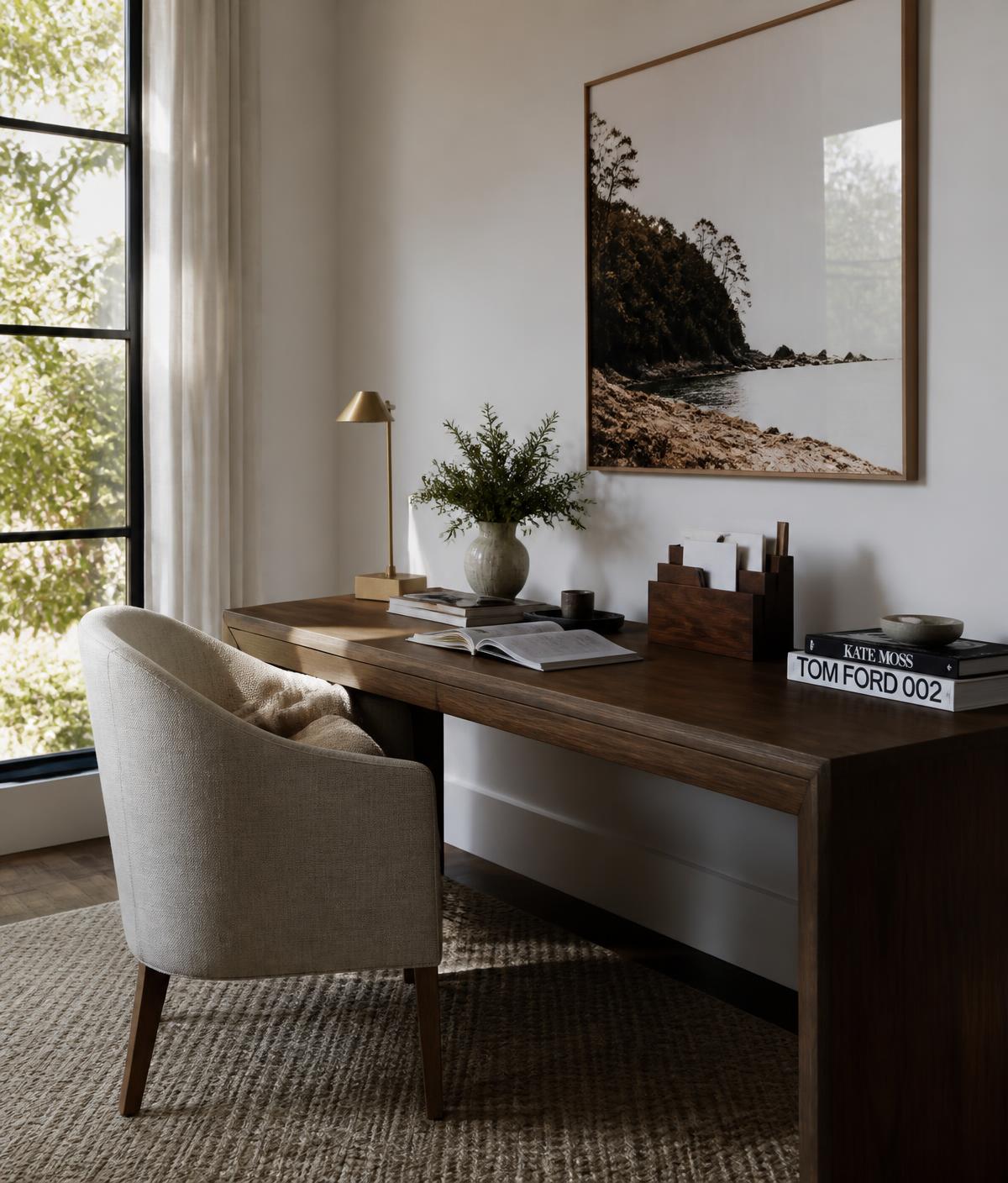 Quiet study corner with a timber desk, linen chair and window light in a premium Australian home